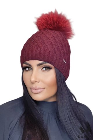 SHAKTI-natural pompon czapka damska kolor bordowy - Kamea